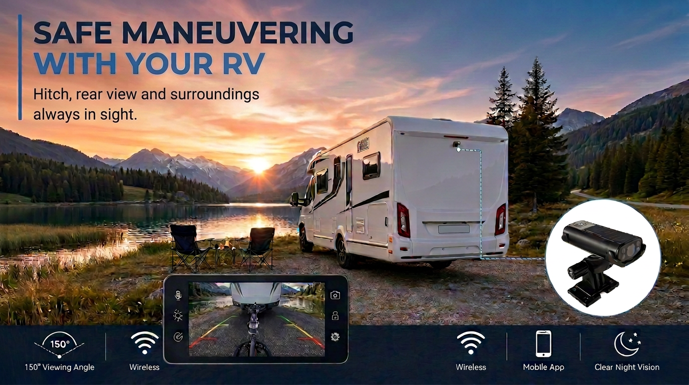 Backing up an RV safely with a live view and guide lines