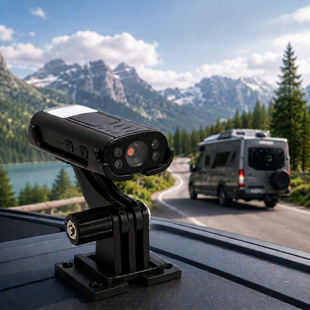 TrailView™ wireless backup camera mounted on an RV roof on a mountain highway